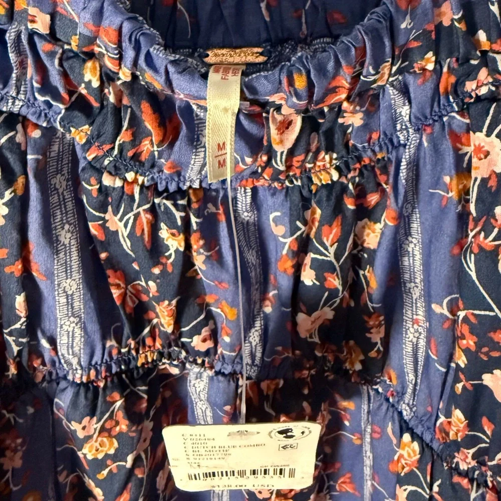 Free People Blue Floral Square-Neck Peasant Top